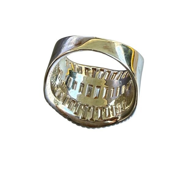 Wide Gold & Silver Tone Statement Ring With Baguette & Round-Cut Crystals 11 - Picture 4 of 8